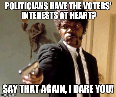 Say That Again I Dare You Meme | POLITICIANS HAVE THE VOTERS' INTERESTS AT HEART? SAY THAT AGAIN, I DARE YOU! | image tagged in memes,say that again i dare you | made w/ Imgflip meme maker
