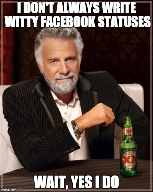 The Most Interesting Man In The World Meme | I DON'T ALWAYS WRITE WITTY FACEBOOK STATUSES; WAIT, YES I DO | image tagged in memes,the most interesting man in the world | made w/ Imgflip meme maker