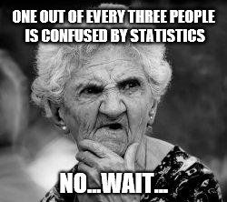 confused old lady | ONE OUT OF EVERY THREE PEOPLE IS CONFUSED BY STATISTICS; NO...WAIT... | image tagged in confused old lady | made w/ Imgflip meme maker