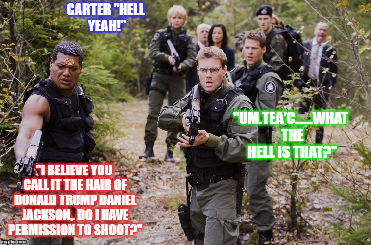 CARTER "HELL YEAH!"; "UM.TEA'C......WHAT THE HELL IS THAT?"; "I BELIEVE YOU CALL IT THE HAIR OF DONALD TRUMP DANIEL JACKSON,. DO I HAVE PERMISSION TO SHOOT?" | image tagged in stargate | made w/ Imgflip meme maker
