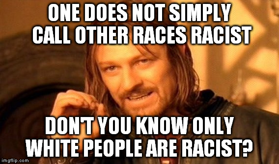 One Does Not Simply | ONE DOES NOT SIMPLY CALL OTHER RACES RACIST; DON'T YOU KNOW ONLY WHITE PEOPLE ARE RACIST? | image tagged in memes,one does not simply | made w/ Imgflip meme maker