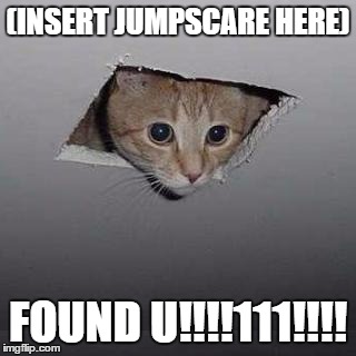 Ceiling Cat | (INSERT JUMPSCARE HERE); FOUND U!!!!111!!!! | image tagged in memes,ceiling cat | made w/ Imgflip meme maker