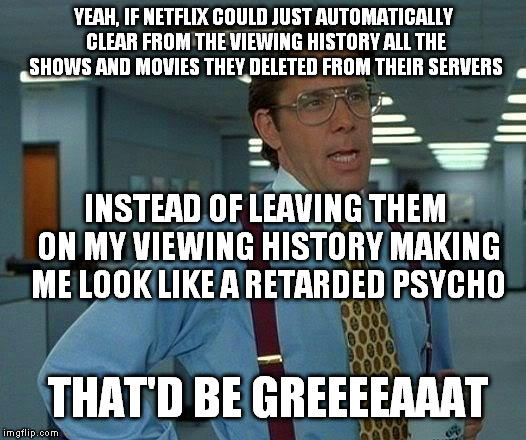 Yeah Netflix That'd be Great if you could just do that | YEAH, IF NETFLIX COULD JUST AUTOMATICALLY CLEAR FROM THE VIEWING HISTORY ALL THE SHOWS AND MOVIES THEY DELETED FROM THEIR SERVERS; INSTEAD OF LEAVING THEM ON MY VIEWING HISTORY MAKING ME LOOK LIKE A RETARDED PSYCHO; THAT'D BE GREEEEAAAT | image tagged in memes,that would be great,scumbag netflix | made w/ Imgflip meme maker