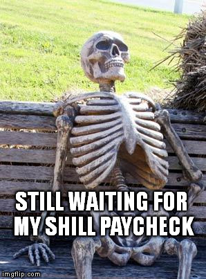 Paid Internet Shills | STILL WAITING FOR MY SHILL PAYCHECK | image tagged in memes,waiting skeleton,shill,paycheck | made w/ Imgflip meme maker