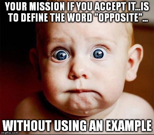 Mission Impossible | YOUR MISSION IF YOU ACCEPT IT...IS TO DEFINE THE WORD "OPPOSITE"... WITHOUT USING AN EXAMPLE | image tagged in memes,words | made w/ Imgflip meme maker