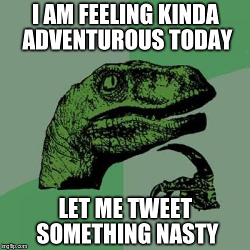 Philosoraptor Meme | I AM FEELING KINDA ADVENTUROUS TODAY; LET ME TWEET SOMETHING NASTY | image tagged in memes,philosoraptor | made w/ Imgflip meme maker