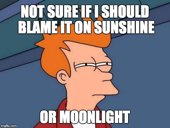 Futurama Fry | NOT SURE IF I SHOULD BLAME IT ON SUNSHINE; OR MOONLIGHT | image tagged in memes,futurama fry | made w/ Imgflip meme maker