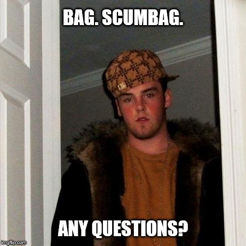 Scumbag Steve | BAG. SCUMBAG. ANY QUESTIONS? | image tagged in memes,scumbag steve | made w/ Imgflip meme maker