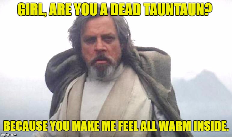 Lonely Luke pickup line... | GIRL, ARE YOU A DEAD TAUNTAUN? BECAUSE YOU MAKE ME FEEL ALL WARM INSIDE. | image tagged in luke skywalker,memes,pickup lines,star wars | made w/ Imgflip meme maker