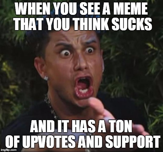 DJ Pauly D Meme | WHEN YOU SEE A MEME THAT YOU THINK SUCKS; AND IT HAS A TON OF UPVOTES AND SUPPORT | image tagged in memes,dj pauly d | made w/ Imgflip meme maker