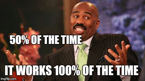 50% OF THE TIME IT WORKS 100% OF THE TIME | image tagged in memes,steve harvey | made w/ Imgflip meme maker