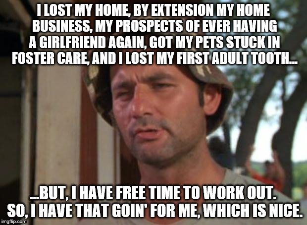 People keep telling me to write a book... and all I can think about is food and how I lack it. | I LOST MY HOME, BY EXTENSION MY HOME BUSINESS, MY PROSPECTS OF EVER HAVING A GIRLFRIEND AGAIN, GOT MY PETS STUCK IN FOSTER CARE, AND I LOST MY FIRST ADULT TOOTH... ...BUT, I HAVE FREE TIME TO WORK OUT. SO, I HAVE THAT GOIN' FOR ME, WHICH IS NICE. | image tagged in memes,so i got that goin for me which is nice | made w/ Imgflip meme maker