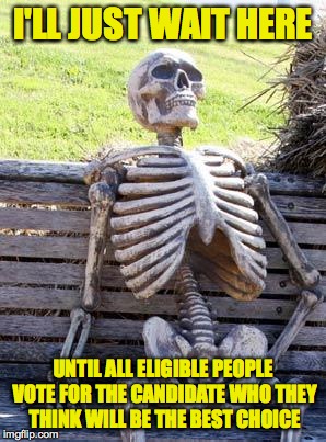 Waiting Skeleton Meme | I'LL JUST WAIT HERE UNTIL ALL ELIGIBLE PEOPLE VOTE FOR THE CANDIDATE WHO THEY THINK WILL BE THE BEST CHOICE | image tagged in memes,waiting skeleton | made w/ Imgflip meme maker