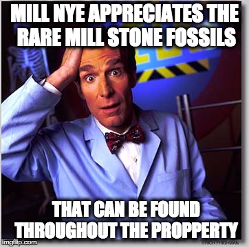 Bill Nye The Science Guy | MILL NYE APPRECIATES THE RARE MILL STONE FOSSILS; THAT CAN BE FOUND THROUGHOUT THE PROPPERTY | image tagged in memes,bill nye the science guy | made w/ Imgflip meme maker