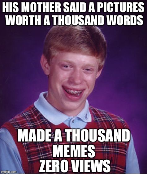 Bad Luck Brian Meme | HIS MOTHER SAID A PICTURES WORTH A THOUSAND WORDS MADE A THOUSAND MEMES ZERO VIEWS | image tagged in memes,bad luck brian | made w/ Imgflip meme maker