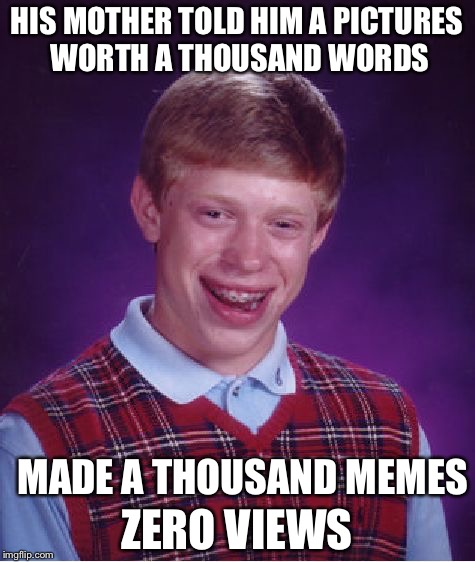 Bad Luck Brian Meme | HIS MOTHER TOLD HIM A PICTURES WORTH A THOUSAND WORDS ZERO VIEWS MADE A THOUSAND MEMES | image tagged in memes,bad luck brian | made w/ Imgflip meme maker