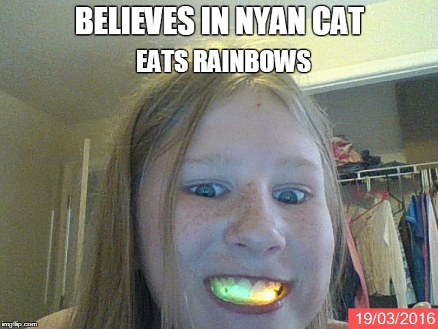 I eat rainbows...? | BELIEVES IN NYAN CAT; EATS RAINBOWS | image tagged in eating,rainbow,person | made w/ Imgflip meme maker