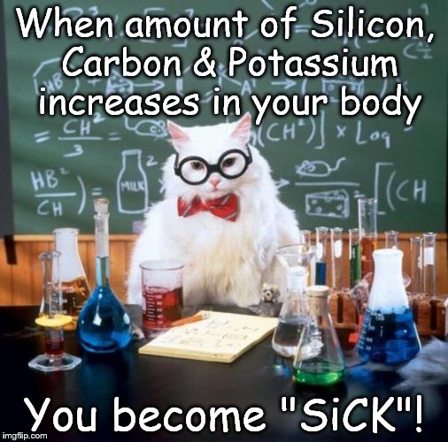 Chemistry Cat | When amount of Silicon, Carbon & Potassium increases in your body; You become "SiCK"! | image tagged in memes,chemistry cat,carbon,potassium,silicon,sick | made w/ Imgflip meme maker