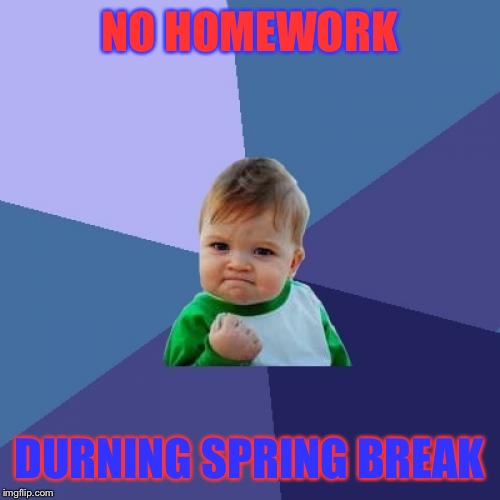 Success Kid Meme | NO HOMEWORK; DURNING SPRING BREAK | image tagged in memes,success kid | made w/ Imgflip meme maker