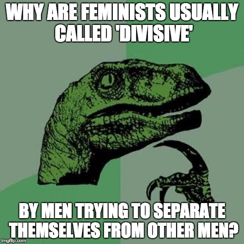 Philosoraptor | WHY ARE FEMINISTS USUALLY CALLED 'DIVISIVE'; BY MEN TRYING TO SEPARATE THEMSELVES FROM OTHER MEN? | image tagged in memes,philosoraptor,feminism,patriarchy,notallmen,feminist | made w/ Imgflip meme maker