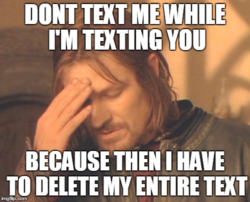 Frustrated Boromir Meme | DONT TEXT ME WHILE I'M TEXTING YOU; BECAUSE THEN I HAVE TO DELETE MY ENTIRE TEXT | image tagged in memes,frustrated boromir | made w/ Imgflip meme maker