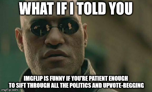 Matrix Morpheus Meme | WHAT IF I TOLD YOU IMGFLIP IS FUNNY IF YOU'RE PATIENT ENOUGH TO SIFT THROUGH ALL THE POLITICS AND UPVOTE-BEGGING | image tagged in memes,matrix morpheus | made w/ Imgflip meme maker