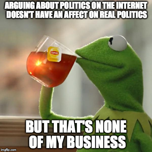 But That's None Of My Business Meme | ARGUING ABOUT POLITICS ON THE INTERNET DOESN'T HAVE AN AFFECT ON REAL POLITICS; BUT THAT'S NONE OF MY BUSINESS | image tagged in memes,but thats none of my business,kermit the frog | made w/ Imgflip meme maker