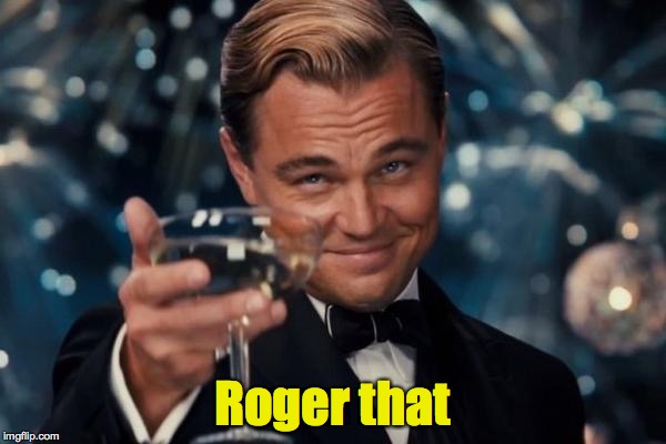 Leonardo Dicaprio Cheers Meme | Roger that | image tagged in memes,leonardo dicaprio cheers | made w/ Imgflip meme maker