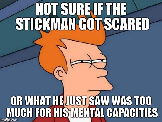 Futurama Fry Meme | NOT SURE IF THE STICKMAN GOT SCARED OR WHAT HE JUST SAW WAS TOO MUCH FOR HIS MENTAL CAPACITIES | image tagged in memes,futurama fry | made w/ Imgflip meme maker