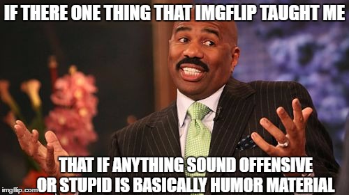 IF THERE ONE THING THAT IMGFLIP TAUGHT ME; THAT IF ANYTHING SOUND OFFENSIVE OR STUPID IS BASICALLY HUMOR MATERIAL | image tagged in memes,steve harvey | made w/ Imgflip meme maker
