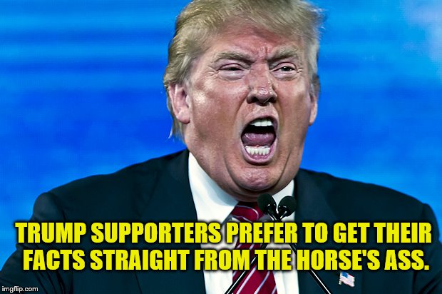 Make America Stupid Again | TRUMP SUPPORTERS PREFER TO GET THEIR FACTS STRAIGHT FROM THE HORSE'S ASS. | image tagged in donald trump | made w/ Imgflip meme maker