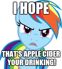 Angry Rainbow Dash | I HOPE THAT'S APPLE CIDER YOUR DRINKING! | image tagged in angry rainbow dash | made w/ Imgflip meme maker