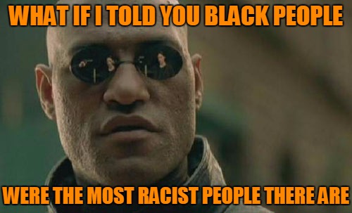 racist motherfuckers | WHAT IF I TOLD YOU BLACK PEOPLE; WERE THE MOST RACIST PEOPLE THERE ARE | image tagged in memes,matrix morpheus,funny,political,racism | made w/ Imgflip meme maker