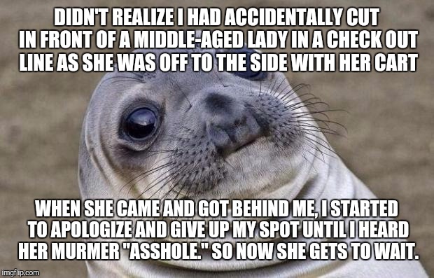 Awkward Moment Sealion Meme | DIDN'T REALIZE I HAD ACCIDENTALLY CUT IN FRONT OF A MIDDLE-AGED LADY IN A CHECK OUT LINE AS SHE WAS OFF TO THE SIDE WITH HER CART; WHEN SHE CAME AND GOT BEHIND ME, I STARTED TO APOLOGIZE AND GIVE UP MY SPOT UNTIL I HEARD HER MURMER "ASSHOLE." SO NOW SHE GETS TO WAIT. | image tagged in memes,awkward moment sealion | made w/ Imgflip meme maker