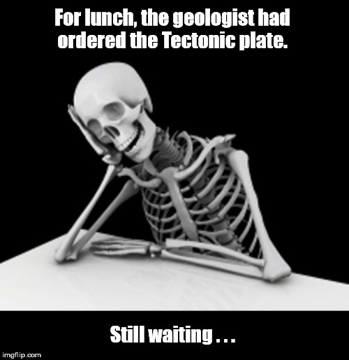"For lunch, the geologist had ordered the Tectonic plate. Still waiting." | For lunch, the geologist had ordered the Tectonic plate. Still waiting . . . | image tagged in geologist,tectonic plate,lunch,lunch plate special,waiting,waiting skeleton | made w/ Imgflip meme maker