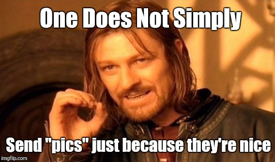 One Does Not Simply Meme | One Does Not Simply; Send "pics" just because they're nice | image tagged in memes,one does not simply | made w/ Imgflip meme maker