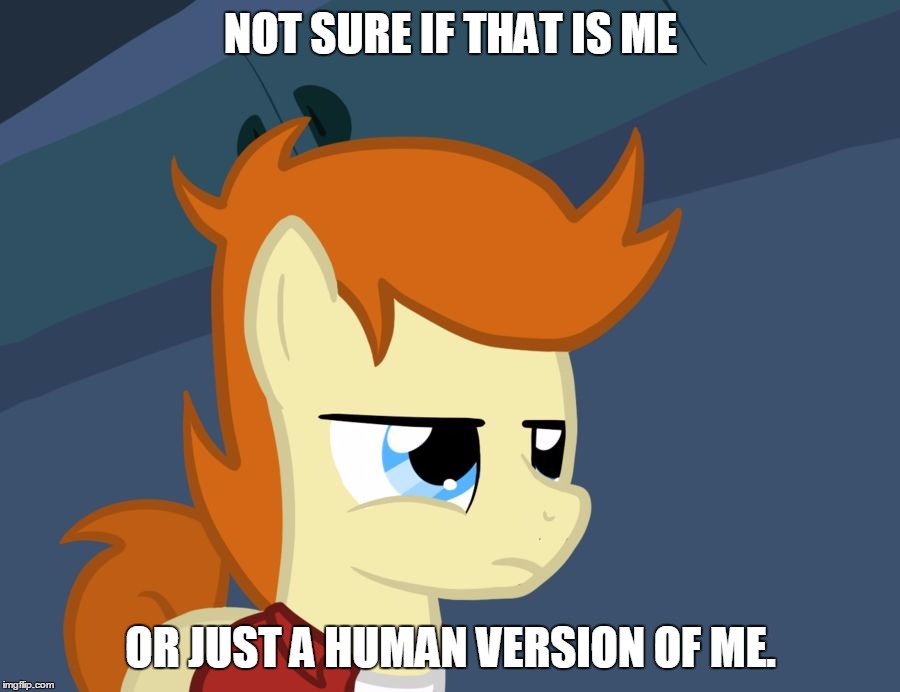 Futurama Fry Pony | NOT SURE IF THAT IS ME OR JUST A HUMAN VERSION OF ME. | image tagged in futurama fry pony | made w/ Imgflip meme maker