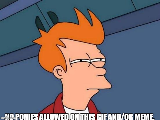 Futurama Fry Meme | NO PONIES ALLOWED ON THIS GIF AND/OR MEME. | image tagged in memes,futurama fry | made w/ Imgflip meme maker