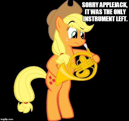 SORRY APPLEJACK, IT WAS THE ONLY INSTRUMENT LEFT. | image tagged in applejack with a fancy horn | made w/ Imgflip meme maker