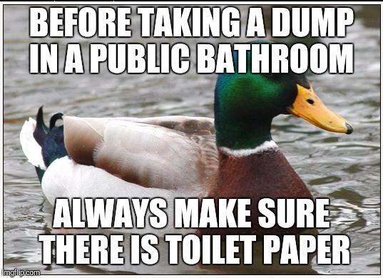 Actual Advice Mallard | BEFORE TAKING A DUMP IN A PUBLIC BATHROOM; ALWAYS MAKE SURE THERE IS TOILET PAPER | image tagged in memes,actual advice mallard,AdviceAnimals | made w/ Imgflip meme maker