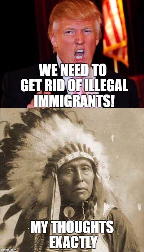 Donald Trump and Native American | WE NEED TO GET RID OF ILLEGAL IMMIGRANTS! MY THOUGHTS EXACTLY | image tagged in donald trump and native american | made w/ Imgflip meme maker