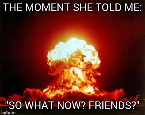 Nuclear Explosion | THE MOMENT SHE TOLD ME:; "SO WHAT NOW? FRIENDS?" | image tagged in memes,nuclear explosion | made w/ Imgflip meme maker