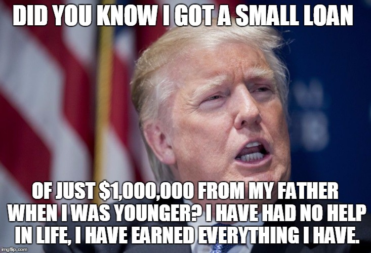 Donald Trump Derp | DID YOU KNOW I GOT A SMALL LOAN; OF JUST $1,000,000 FROM MY FATHER WHEN I WAS YOUNGER? I HAVE HAD NO HELP IN LIFE, I HAVE EARNED EVERYTHING I HAVE. | image tagged in donald trump derp | made w/ Imgflip meme maker
