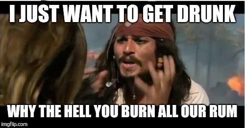 Why Is The Rum Gone Meme | I JUST WANT TO GET DRUNK; WHY THE HELL YOU BURN ALL OUR RUM | image tagged in memes,why is the rum gone | made w/ Imgflip meme maker