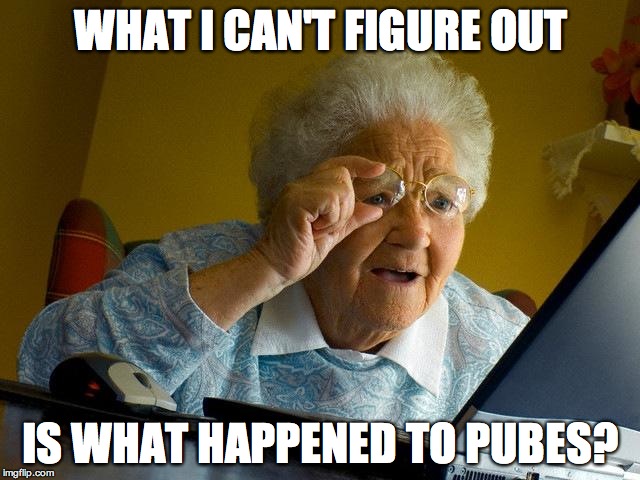 Grandma Finds The Internet | WHAT I CAN'T FIGURE OUT; IS WHAT HAPPENED TO PUBES? | image tagged in memes,grandma finds the internet | made w/ Imgflip meme maker