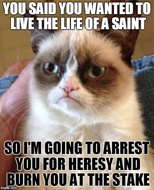 Grumpy Cat Meme | YOU SAID YOU WANTED TO LIVE THE LIFE OF A SAINT SO I'M GOING TO ARREST YOU FOR HERESY AND BURN YOU AT THE STAKE | image tagged in memes,grumpy cat | made w/ Imgflip meme maker