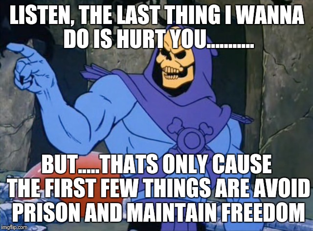 Im a pacifist | LISTEN, THE LAST THING I WANNA DO IS HURT YOU........... BUT.....THATS ONLY CAUSE THE FIRST FEW THINGS ARE AVOID PRISON AND MAINTAIN FREEDOM | image tagged in skeletor,memes,funny,prison | made w/ Imgflip meme maker