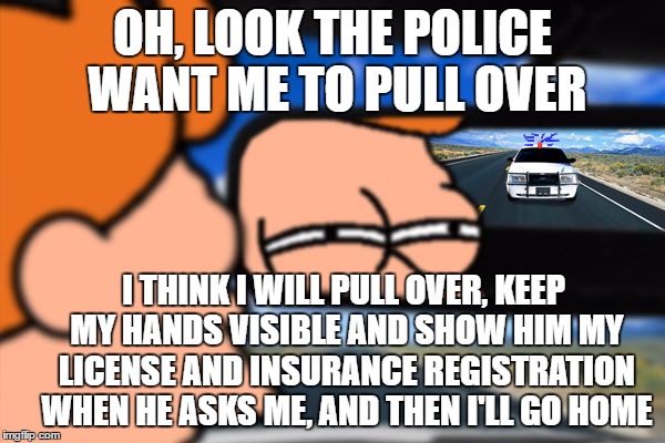 Fry not sure police car version | OH, LOOK THE POLICE WANT ME TO PULL OVER; I THINK I WILL PULL OVER, KEEP MY HANDS VISIBLE AND SHOW HIM MY LICENSE AND INSURANCE REGISTRATION WHEN HE ASKS ME, AND THEN I'LL GO HOME | image tagged in fry not sure car version,memes,funny memes | made w/ Imgflip meme maker