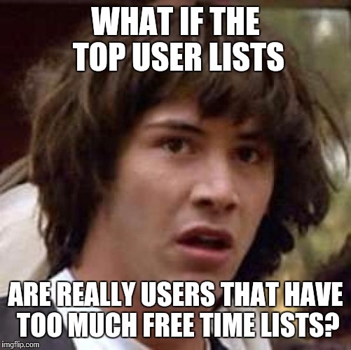 Conspiracy Keanu Meme | WHAT IF THE TOP USER LISTS; ARE REALLY USERS THAT HAVE TOO MUCH FREE TIME LISTS? | image tagged in memes,conspiracy keanu | made w/ Imgflip meme maker