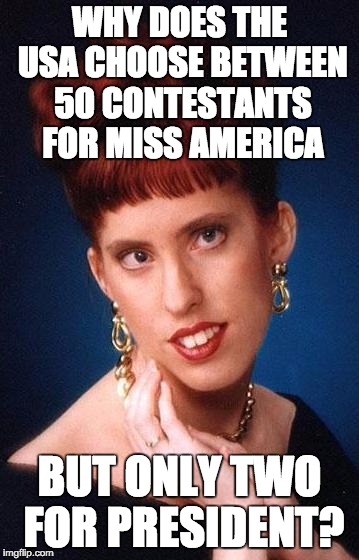 Irish Beauty | WHY DOES THE USA CHOOSE BETWEEN 50 CONTESTANTS FOR MISS AMERICA; BUT ONLY TWO FOR PRESIDENT? | image tagged in irish beauty | made w/ Imgflip meme maker